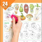 The image displays three pictures: the first one shows a hand colouring hindi rhymes roll, the second one depicts the color being erased from the board, and the third one features a hand holding a mobile phone in front of the fruits and vegetables picture