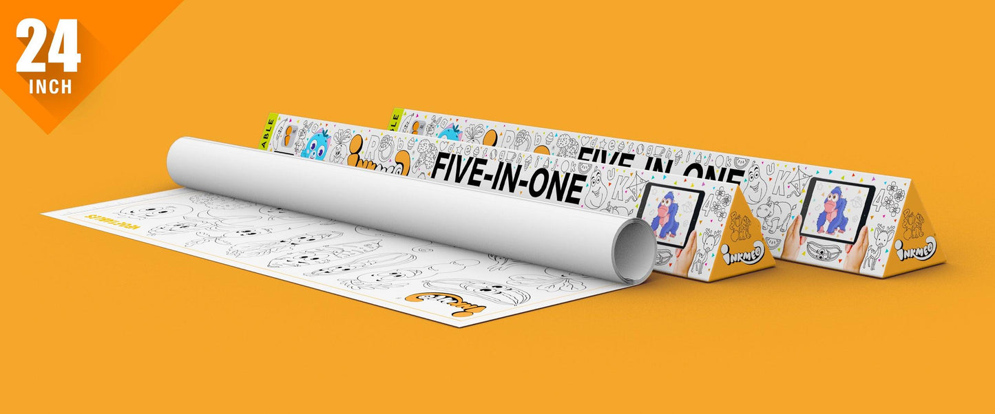 The image shows a orange background with two triangular boxes, one of which has paper rolled out.