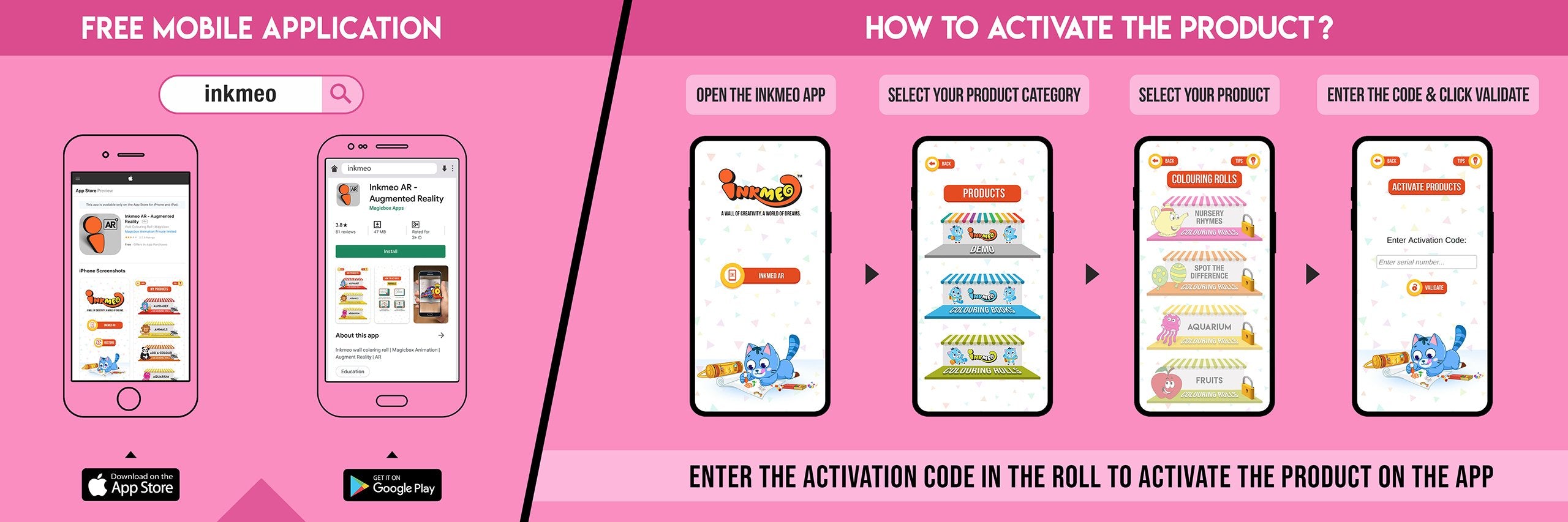 The image has a pink background which is divided into two parts. The first part shows a free mobile application for downloading the Inkmeo app in the App Store and Google Store. The second part shows four mobile phones with the caption "To open the Inkmeo app, select your product category, select your product, and enter the code & click validate.