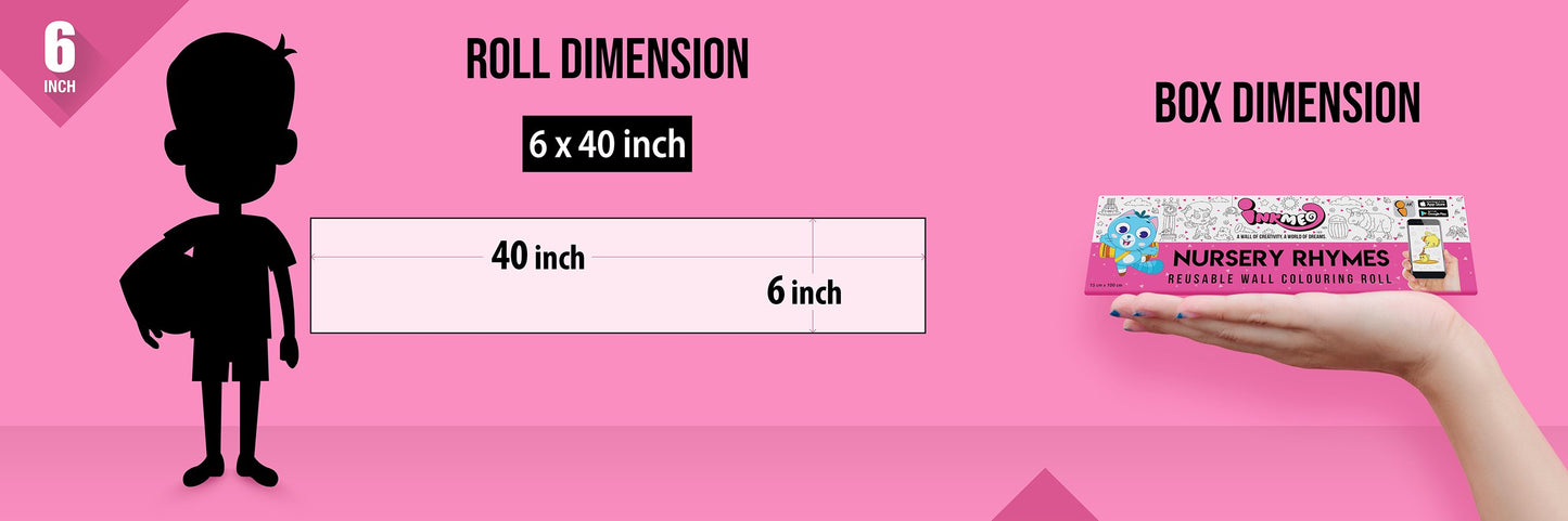The image depicts a pink background with a ruler showing a child's height next to a 6*40 inches paper roll attached to the wall, alongside a picture of a box dimension.