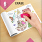 The image depicts three pictures: the first picture shows coloring with crayons, the second image portrays erasing with a normal eraser, and the third image shows scanning the image to enjoy the AR experience.