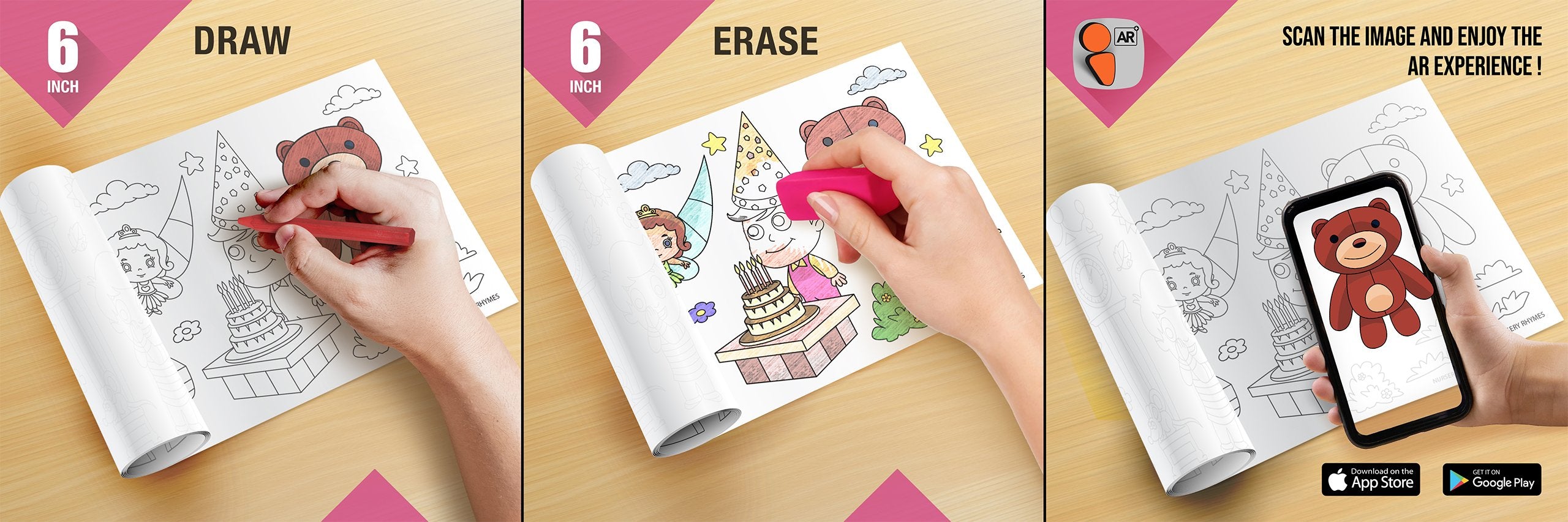 The image depicts three pictures: the first picture shows coloring with crayons, the second image portrays erasing with a normal eraser, and the third image shows scanning the image to enjoy the AR experience.