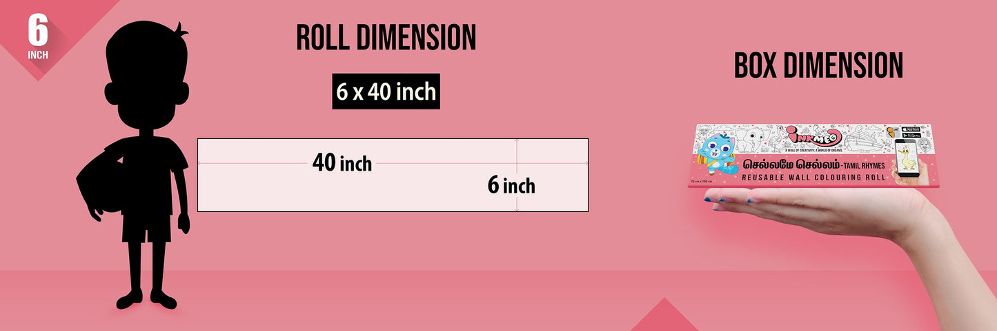 The image depicts a pink background with a ruler showing a child's height next to a 6*40 inches paper roll attached to the wall, alongside a picture of a box dimension.