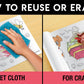  The image has a pink background with four pictures demonstrating how to reuse or erase: the first picture depicts sketching on the sheet, the second shows using a wet cloth to remove sketches, the third image displays crayons colouring on the sheet, and the fourth image illustrates erasing crayons with a regular eraser.