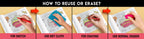  The image has a pink background with four pictures demonstrating how to reuse or erase: the first picture depicts sketching on the sheet, the second shows using a wet cloth to remove sketches, the third image displays crayons colouring on the sheet, and the fourth image illustrates erasing crayons with a regular eraser.