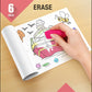 The image depicts three pictures: the first picture shows coloring with crayons, the second image portrays erasing with a normal eraser, and the third image shows scanning the image to enjoy the AR experience.