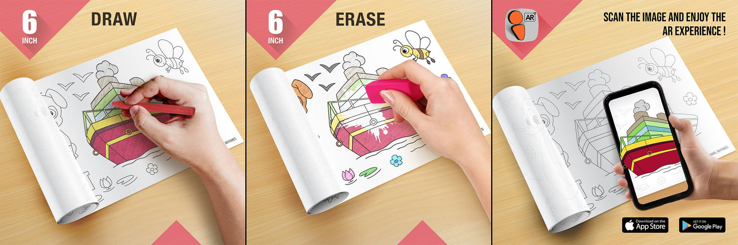 The image depicts three pictures: the first picture shows coloring with crayons, the second image portrays erasing with a normal eraser, and the third image shows scanning the image to enjoy the AR experience.