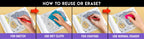 The image has a lavenderbackground with four pictures demonstrating how to reuse or erase: the first picture depicts sketching on the sheet, the second shows using a wet cloth to remove sketches, the third image displays crayons colouring on the sheet, and the fourth image illustrates erasing crayons with a regular eraser.