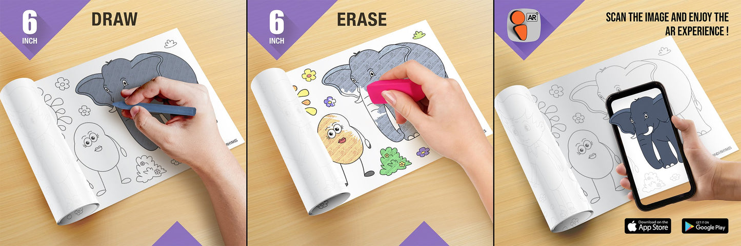 The image depicts three pictures: the first picture shows coloring with crayons, the second image portrays erasing with a normal eraser, and the third image shows scanning the image to enjoy the AR experience.