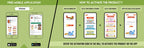 The image features a green background split into two sections. The first showcases a free mobile app to download Inkmeo from the App Store and Google Store. The second displays four phones with the text "To access the Inkmeo app, tap the QR code icon, scan the QR code on the package, and activate the product."