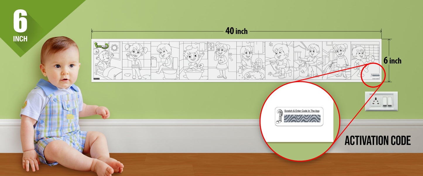 The image depicts a 6*40-inches roll adhered to the wall with a baby playing nearby, and the activation code is zoomed in separately.