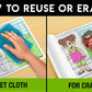 The image has four pictures demonstrating how to reuse or erase: the first picture depicts sketching on the sheet, the second shows using a wet cloth to remove sketches, the third image displays crayons coloring on the good habits sheet, and the fourth image illustrates erasing crayons with a regular eraser.