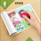 The image depicts three pictures: the first picture shows coloring with crayons, the second image portrays erasing with a normal eraser, and the third image shows scanning the image to enjoy the AR experience.