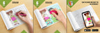 The image depicts three pictures: the first picture shows coloring with crayons, the second image portrays erasing with a normal eraser, and the third image shows scanning the image to enjoy the AR experience.