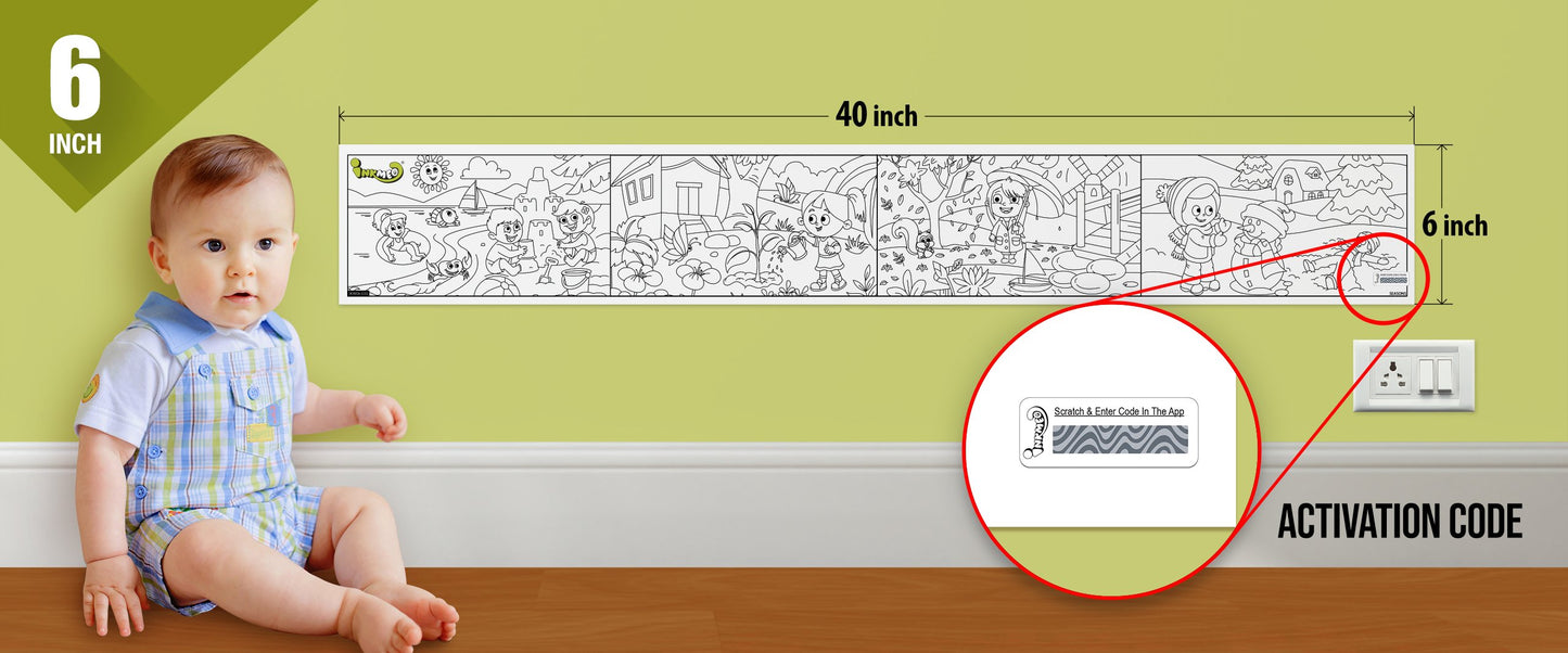 The image depicts a 6*40-inch roll adhered to the wall with a baby playing nearby, and the activation code is zoomed in separately