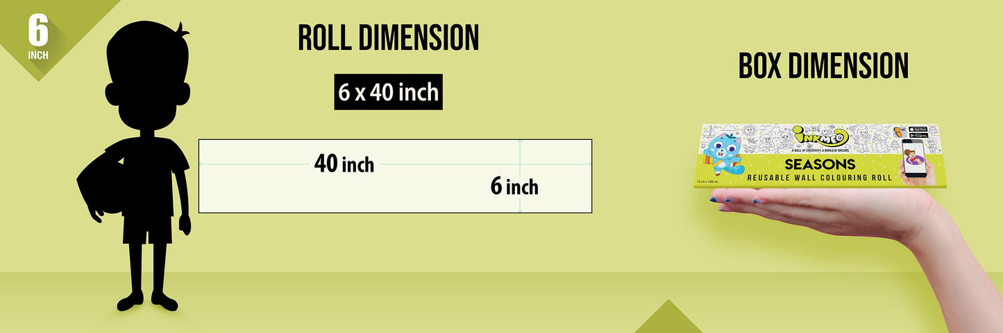 The image depicts a green background with a ruler showing a child's height next to a 6*40 inches paper roll attached to the wall, alongside a picture of a box dimension.