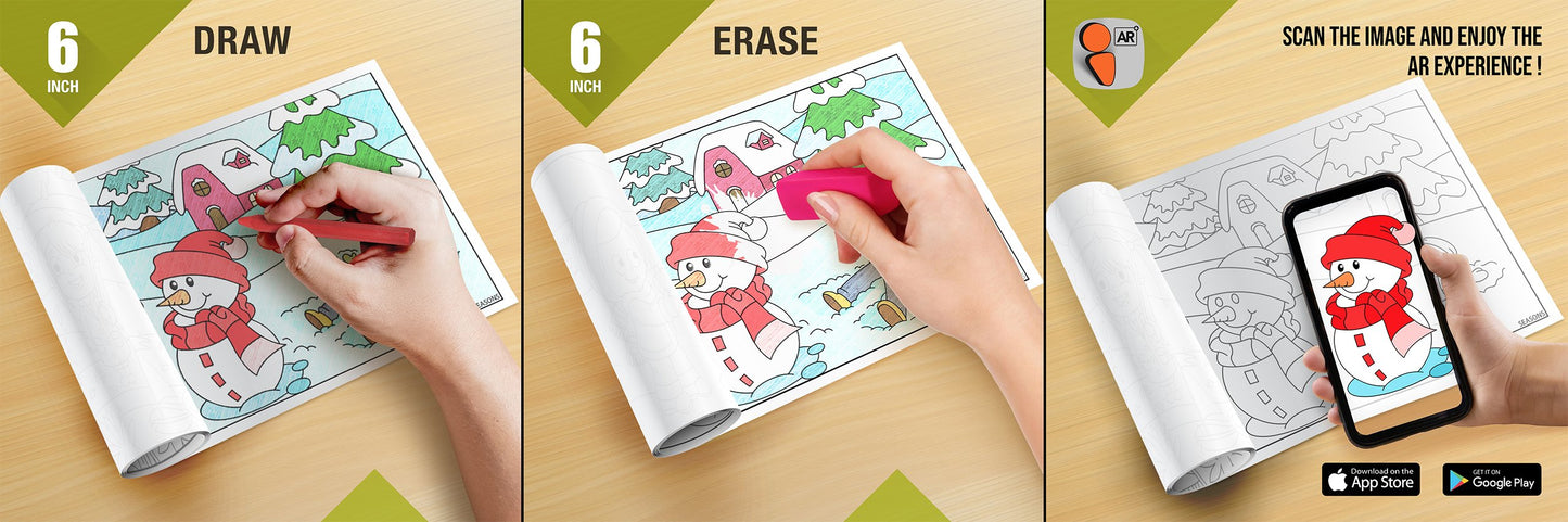 The image depicts three pictures: the first picture shows coloring with crayons, the second image portrays erasing with a normal eraser, and the third image shows scanning the image to enjoy the AR experience.