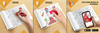 The image depicts three pictures: the first picture shows coloring with crayons, the second image portrays erasing with a normal eraser, and the third image shows scanning the image to enjoy the AR experience.