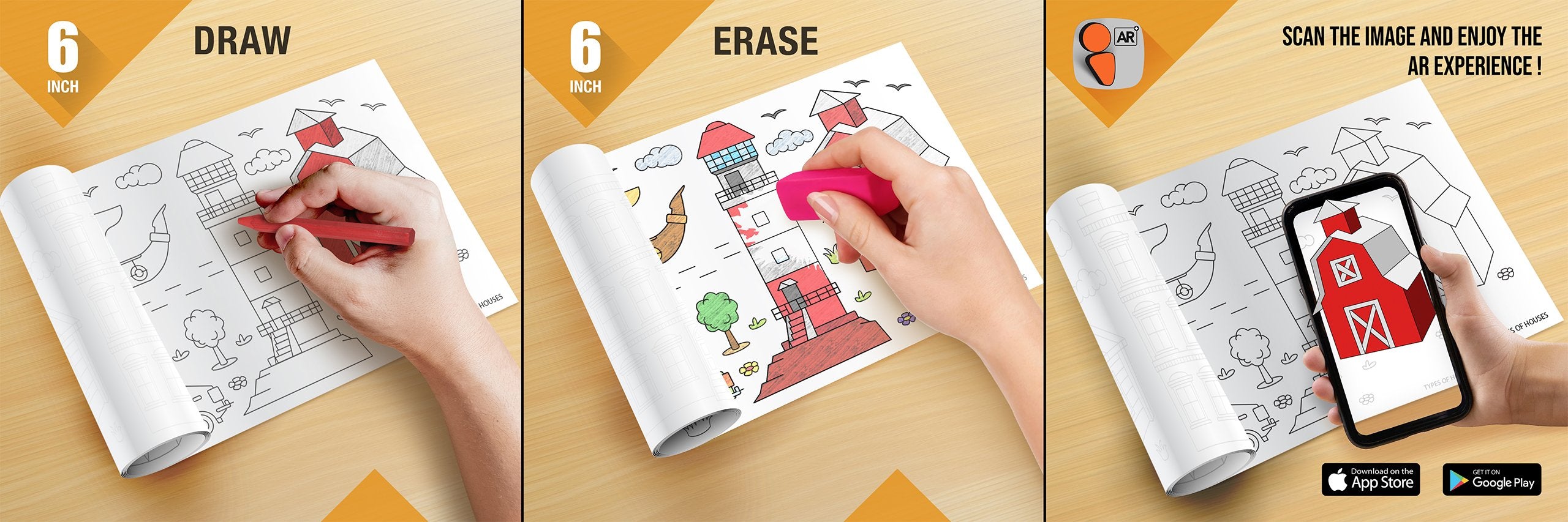 The image depicts three pictures: the first picture shows coloring with crayons, the second image portrays erasing with a normal eraser, and the third image shows scanning the image to enjoy the AR experience.