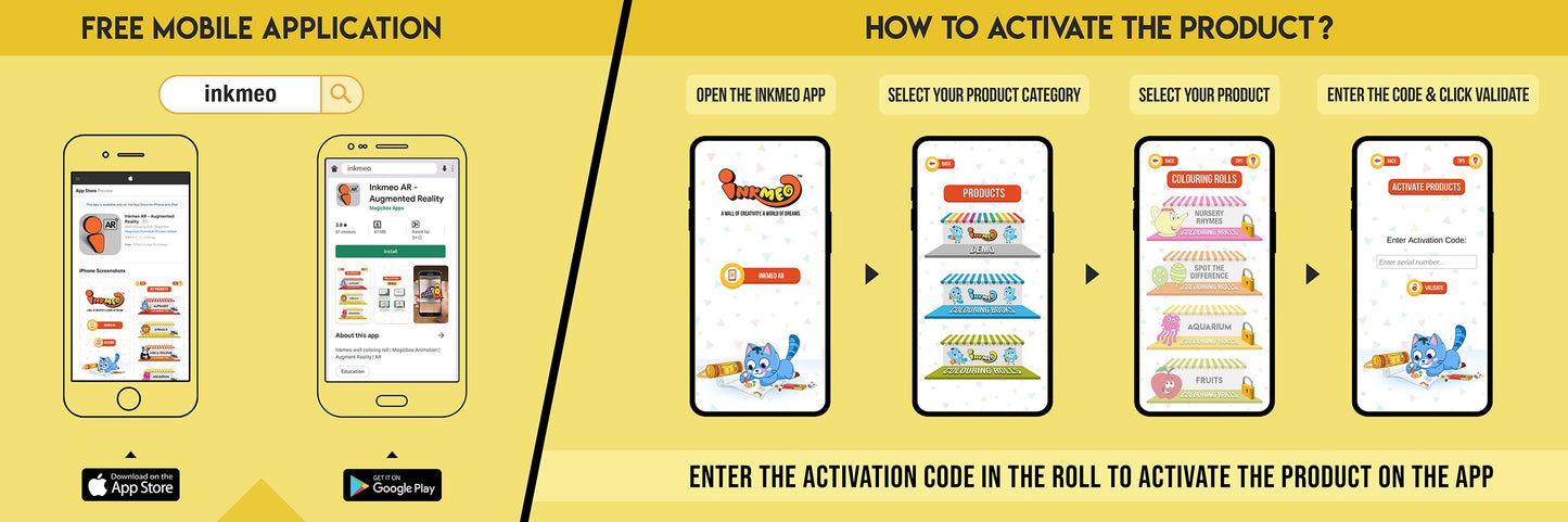 The image has a yellow background which is divided into two parts. The first part shows a free mobile application for downloading the Inkmeo app in the App Store and Google Store. The second part shows four mobile phones with the caption "To open the Inkmeo app, tap the QR code symbol, and scan the QR code & click validate.