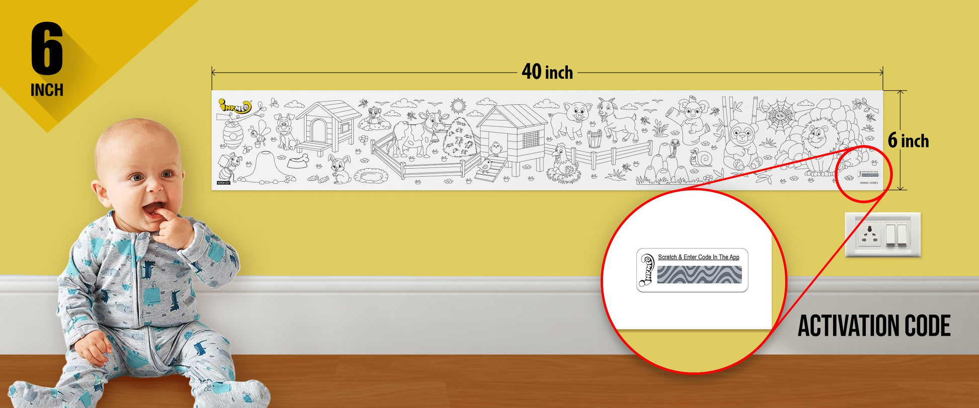 The image depicts a 6*40-inch roll adhered to the wall with a baby playing nearby, and the activation code is zoomed in separately