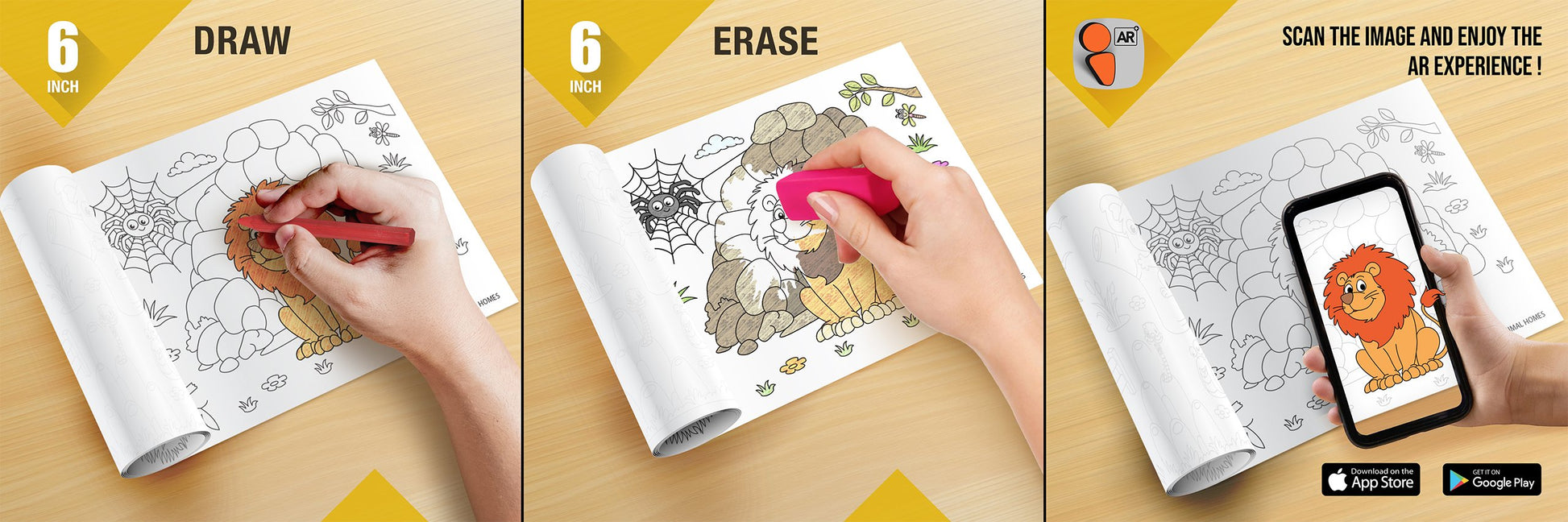 The image depicts three pictures: the first picture shows coloring with crayons, the second image portrays erasing with a normal eraser, and the third image shows scanning the image to enjoy the AR experience.