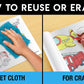 The image has a blue background with four pictures demonstrating how to reuse or erase: the first picture depicts sketching on the sheet, the second shows using a wet cloth to remove sketches, the third image displays crayons colouring on the sheet, and the fourth image illustrates erasing crayons with a regular eraser.