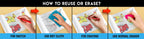 The image has a blue background with four pictures demonstrating how to reuse or erase: the first picture depicts sketching on the sheet, the second shows using a wet cloth to remove sketches, the third image displays crayons colouring on the sheet, and the fourth image illustrates erasing crayons with a regular eraser.