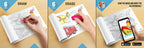 The image depicts three pictures: the first picture shows coloring with crayons, the second image portrays erasing with a normal eraser, and the third image shows scanning the image to enjoy the AR experience.