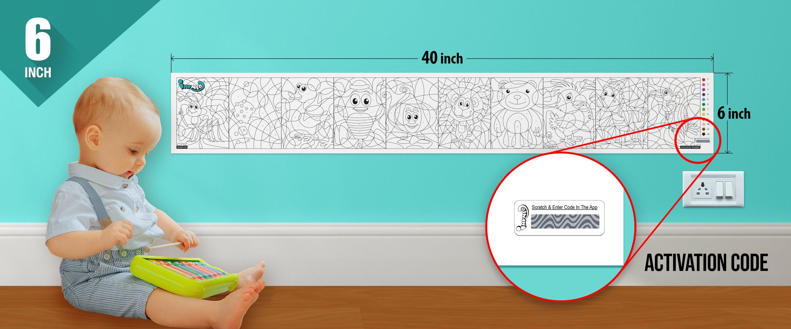 The image depicts a 6*40-inches roll adhered to the wall with a baby playing nearby, and the activation code is zoomed in separately.