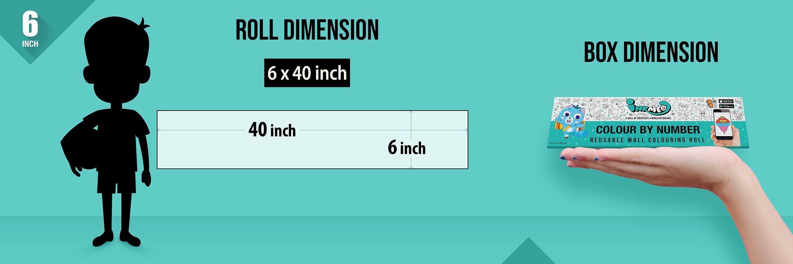 The image depicts a green background with a ruler showing a child's height next to a 6*40 inches paper roll attached to the wall, alongside a picture of a box dimension.