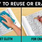 The image has four pictures demonstrating how to reuse or erase: the first picture depicts sketching on the sheet, the second shows using a wet cloth to remove sketches, the third image displays crayons coloring on the good habits sheet, and the fourth image illustrates erasing crayons with a regular eraser.