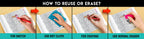 The image has four pictures demonstrating how to reuse or erase: the first picture depicts sketching on the sheet, the second shows using a wet cloth to remove sketches, the third image displays crayons coloring on the good habits sheet, and the fourth image illustrates erasing crayons with a regular eraser.