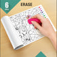 The image depicts three pictures: the first picture shows coloring with crayons, the second image portrays erasing with a normal eraser, and the third image shows scanning the image to enjoy the AR experience.