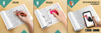 The image depicts three pictures: the first picture shows coloring with crayons, the second image portrays erasing with a normal eraser, and the third image shows scanning the image to enjoy the AR experience.