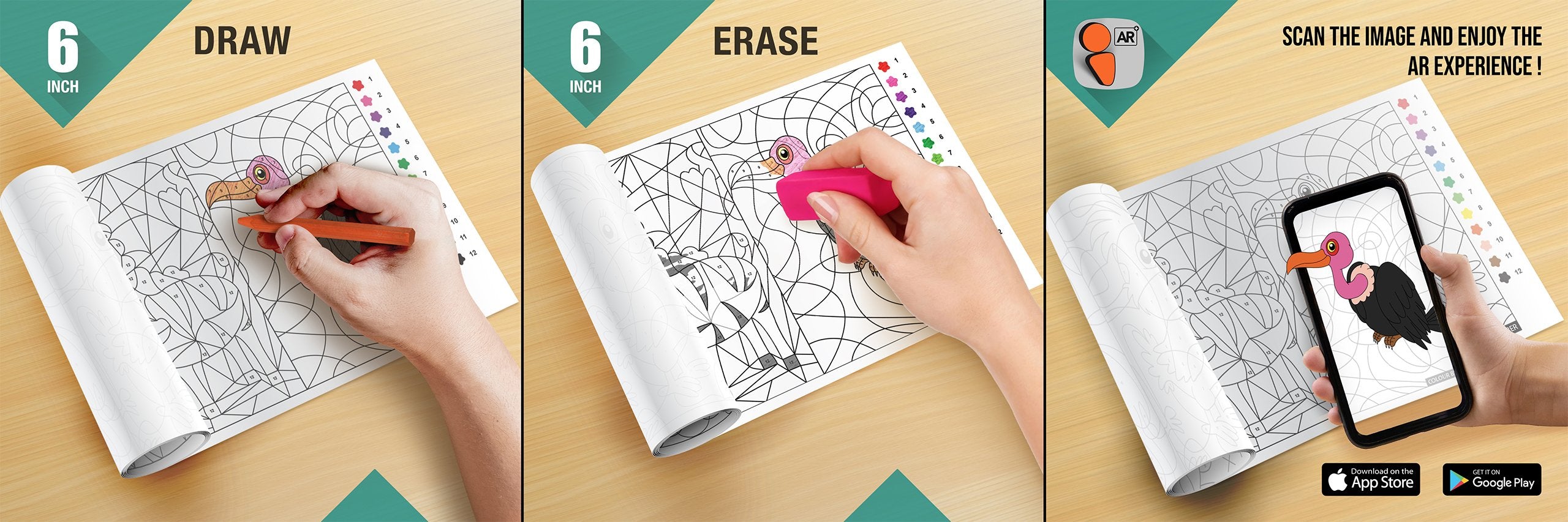 The image depicts three pictures: the first picture shows coloring with crayons, the second image portrays erasing with a normal eraser, and the third image shows scanning the image to enjoy the AR experience.