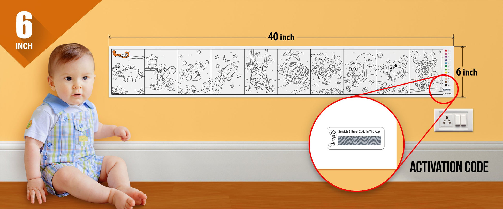The image depicts a 6*40-inches roll adhered to the wall with a baby playing nearby, and the activation code is zoomed in separately.