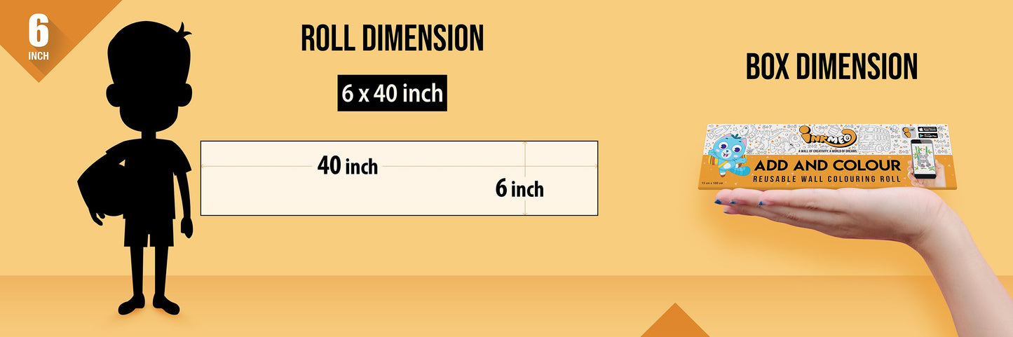 The image depicts an orange background with a ruler showing a child's height next to a 6*40 inches paper roll attached to the wall, alongside a picture of a box dimension.