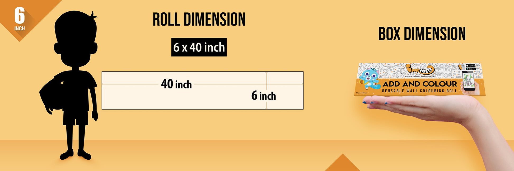 The image depicts an orange background with a ruler showing a child's height next to a 6*40 inches paper roll attached to the wall, alongside a picture of a box dimension.