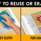 The image has an orange background with four pictures demonstrating how to reuse or erase: the first picture depicts sketching on the numbers sheet, the second shows using a wet cloth to remove sketches, the third image displays crayons coloring on the numbers sheet, and the fourth image illustrates erasing crayons with a regular eraser.