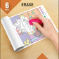 The image depicts three pictures: the first picture shows coloring with crayons, the second image portrays erasing with a normal eraser, and the third image shows scanning the image to enjoy the AR experience.