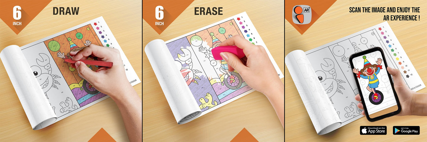 The image depicts three pictures: the first picture shows coloring with crayons, the second image portrays erasing with a normal eraser, and the third image shows scanning the image to enjoy the AR experience.