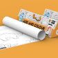 The image depicts two 6*40-inches orange triangular add and colour boxes placed alongside each other, with a sheet rolled out next to them.
