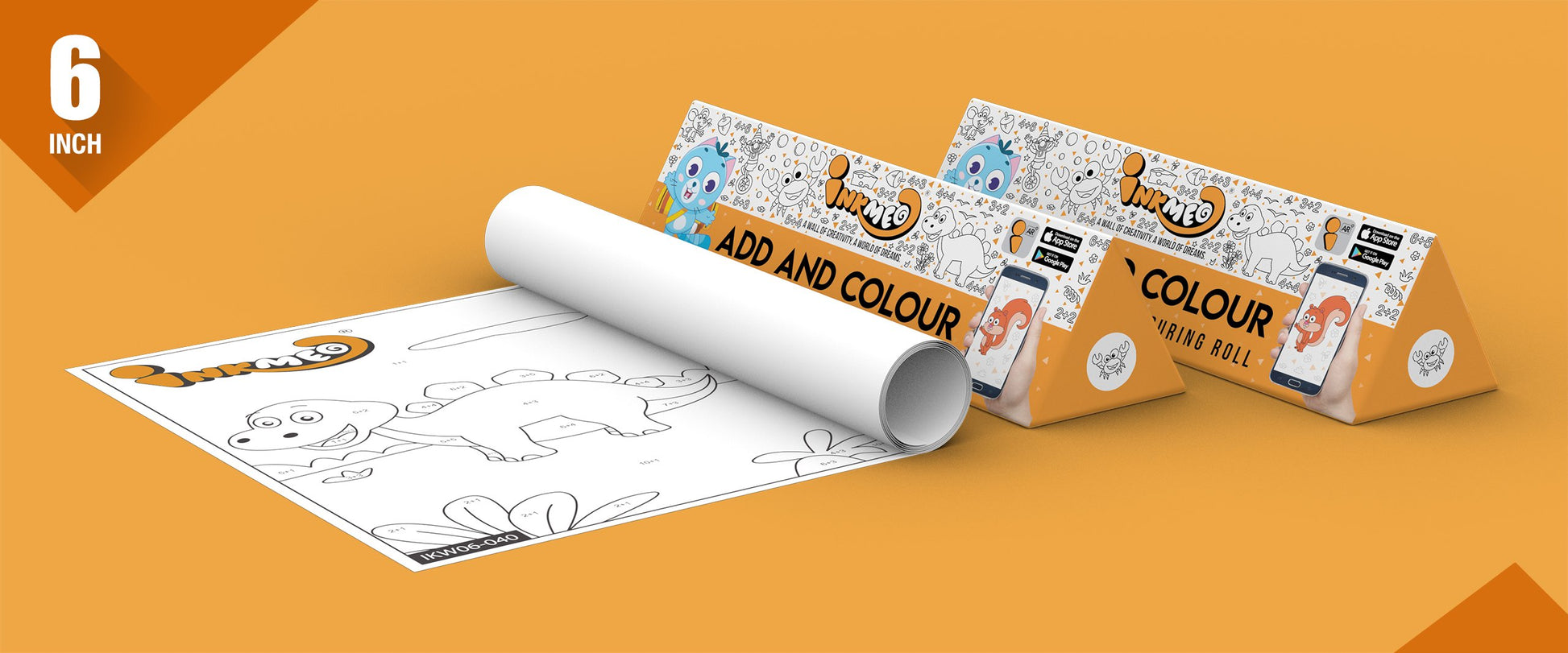 The image depicts two 6*40-inches orange triangular add and colour boxes placed alongside each other, with a sheet rolled out next to them.