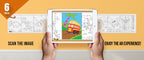 The image depicts two hands holding a tablet displaying a picture from a sheet attached to the wall. The description encourages scanning the image to enjoy the AR experience.