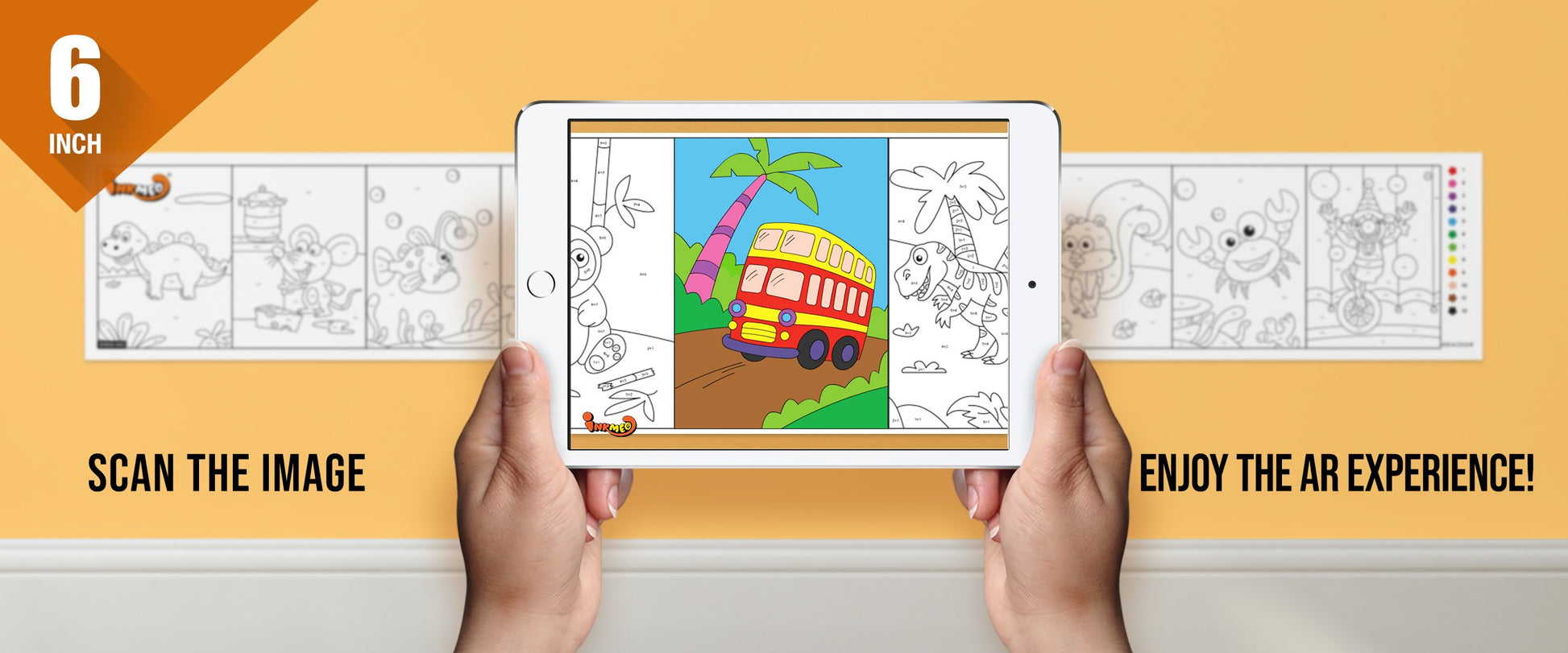 The image depicts two hands holding a tablet displaying a picture from a sheet attached to the wall. The description encourages scanning the image to enjoy the AR experience.