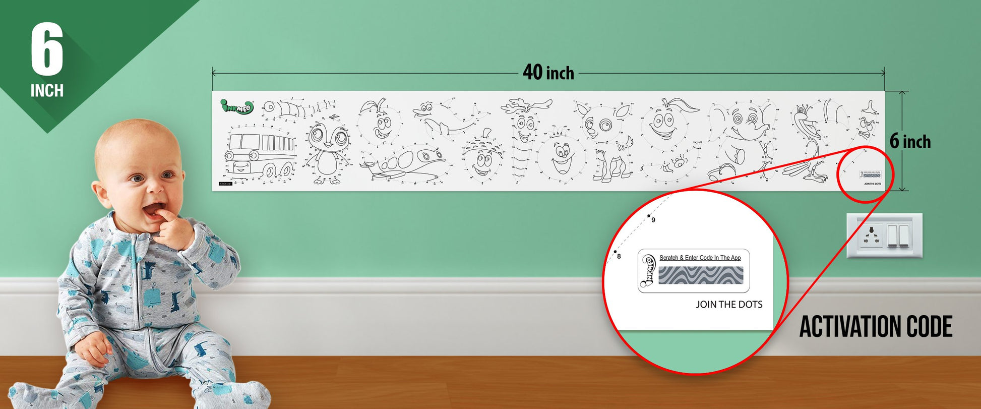 The image depicts a 6*40-inches roll adhered to the wall with a baby playing nearby, and the activation code is zoomed in separately.