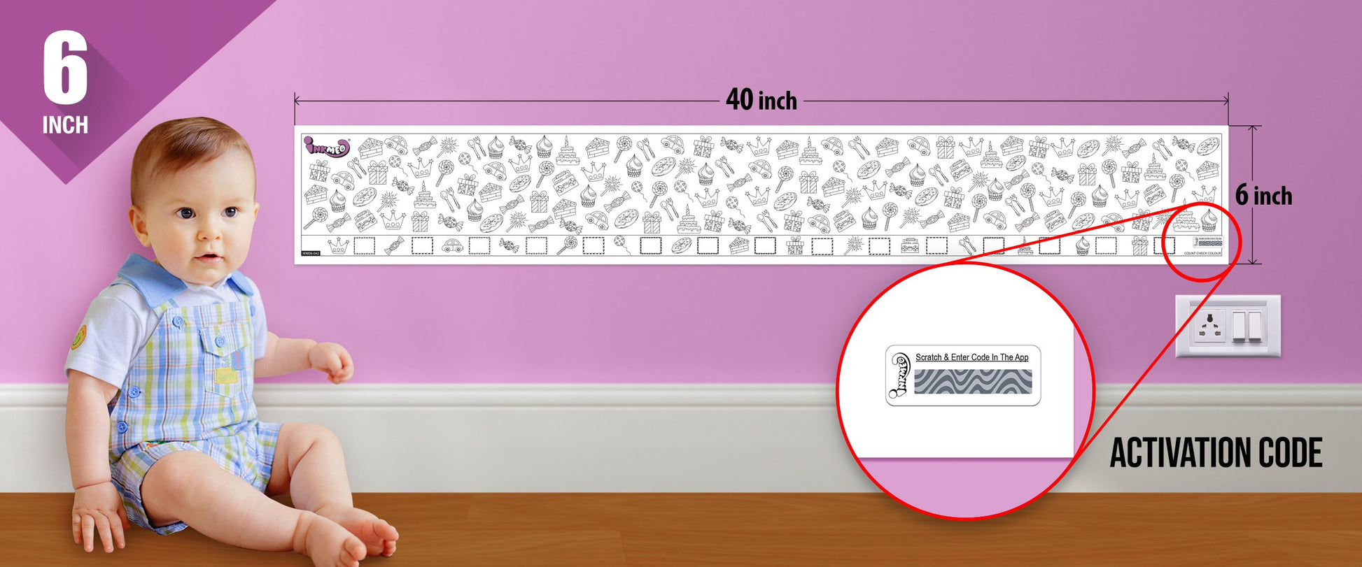 The image depicts a 6*40-inch roll adhered to the wall with a baby playing nearby, and the activation code is zoomed in separately.