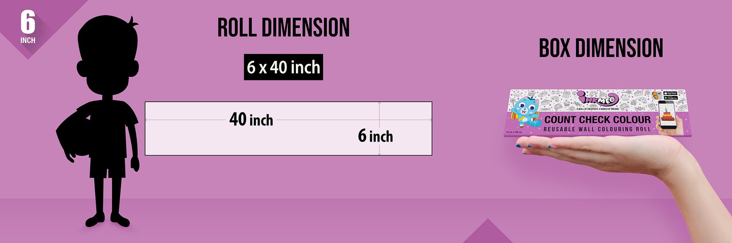 The image depicts a purple background with a ruler showing a child's height next to a 6*40 inches paper roll attached to the wall, alongside a picture of a box dimension.