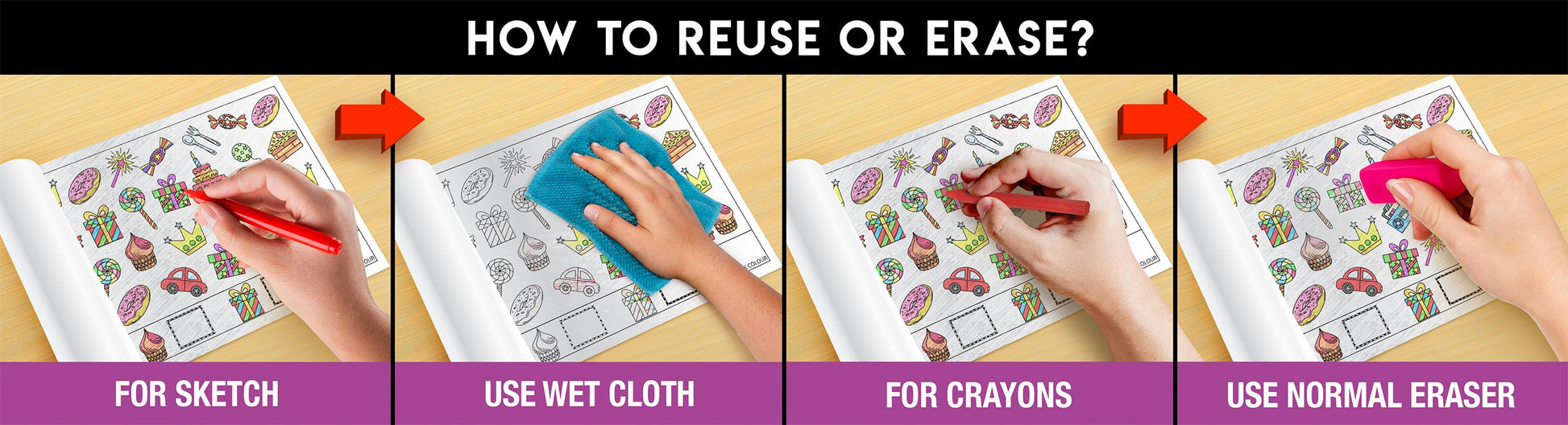 The image has a purple background with four pictures demonstrating how to reuse or erase: the first picture depicts sketching on the sheet, the second shows using a wet cloth to remove sketches, the third image displays crayons colouring on the sheet, and the fourth image illustrates erasing crayons with a regular eraser.